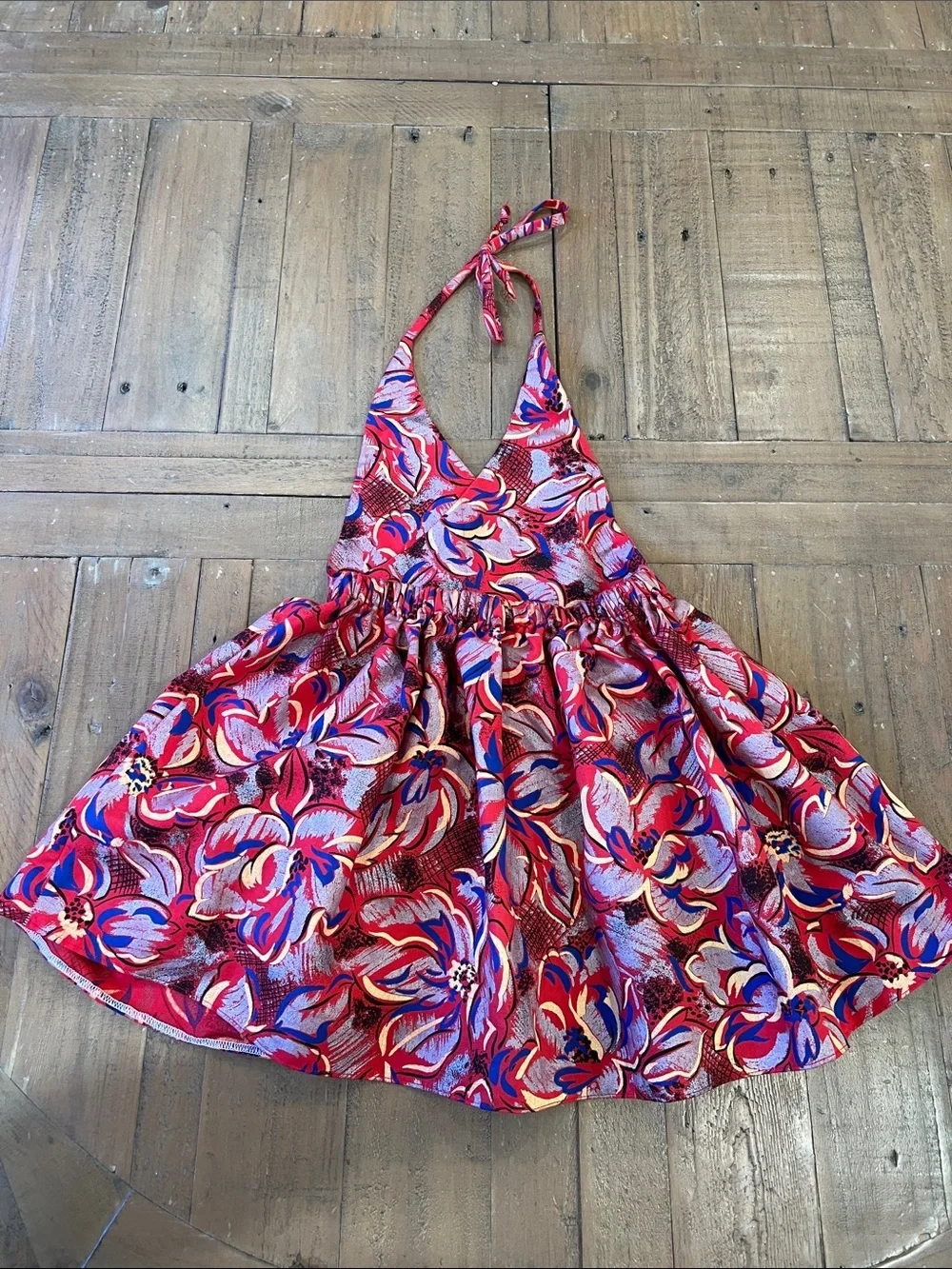 Brass Razoo red and silver floral halter dress 2T handmade metallic bohemian